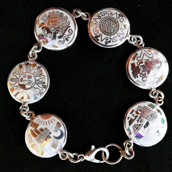 🌱 Native Bracelet-Mayan Symbols Abalone Inlay MEXICO Silver-Vintage - Picture 4 of 17